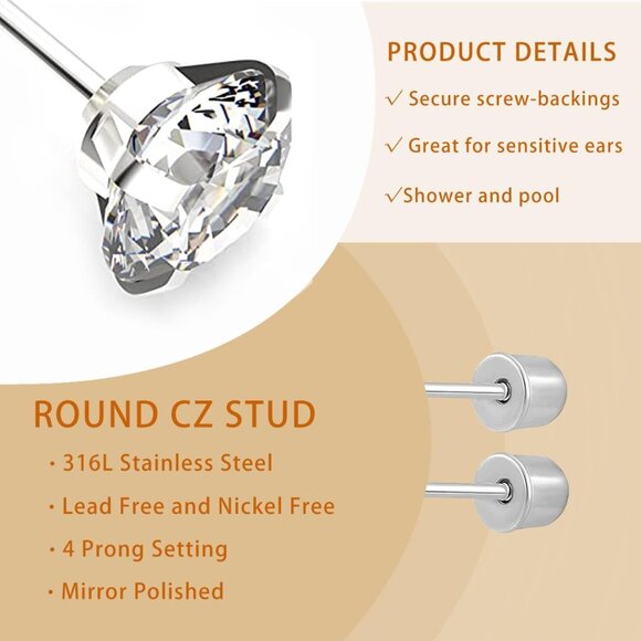 6 Pairs Stainless Steel 18K Gold Plated Cubic Zirconia Stud Earrings for Women M - Picture 3 of 7